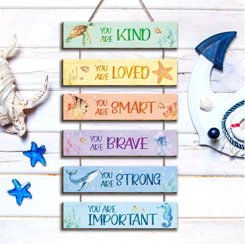 HIWERAN 6 Pieces Ocean Decor Kids Room Decor, Watercolor Ocean Inspirational Wall Art Decor for Teens Children Bedroom Princess Toddler Room, Works of art Made of Wood, Works of Art of Wood, Placards of Woods - Image 5